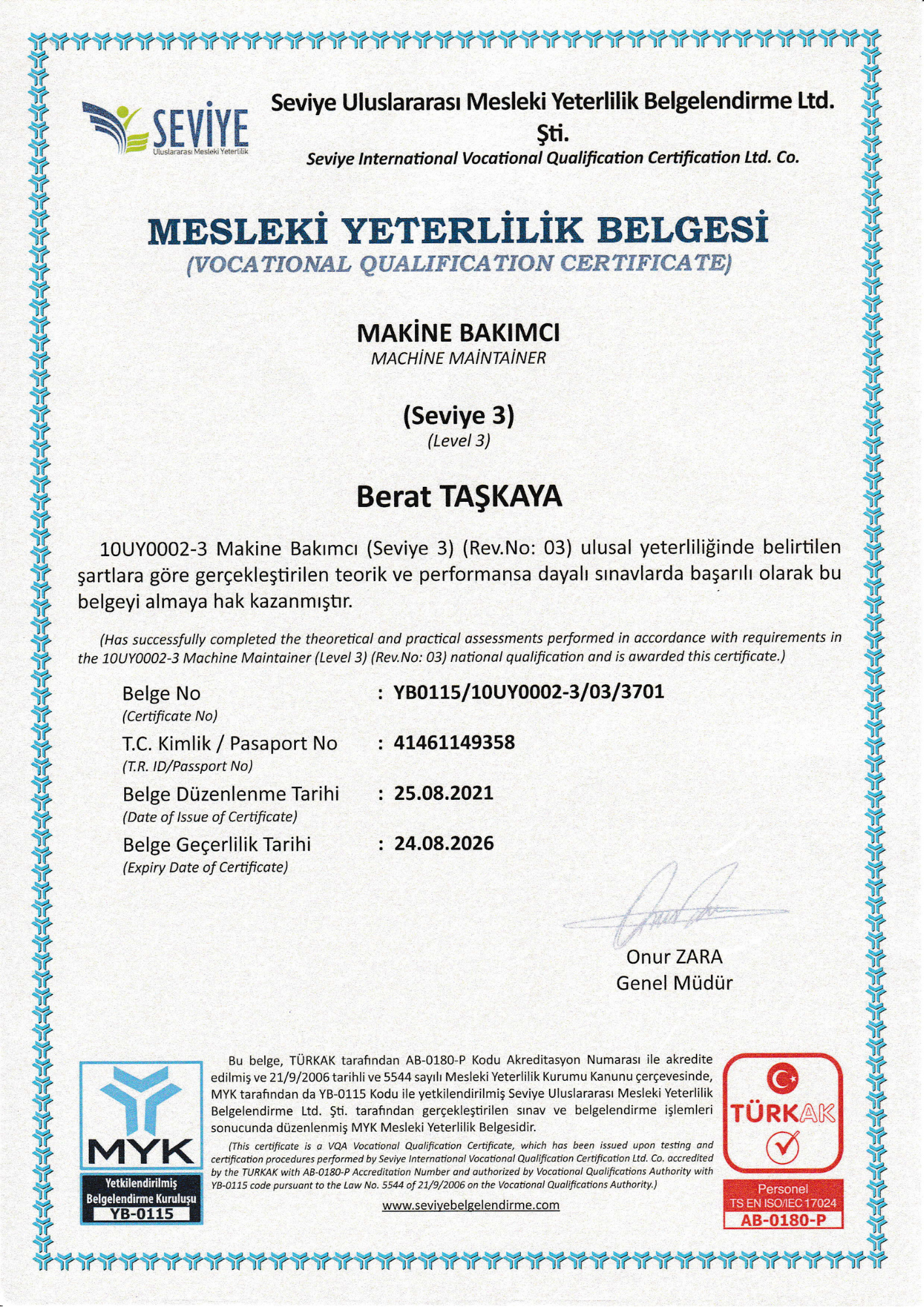 Mesleki Yeterlilik Belgesi